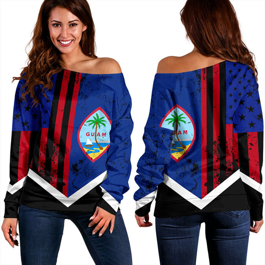 Guam Off Shoulder Sweatshirt Flag And American Half Concept Brush Style