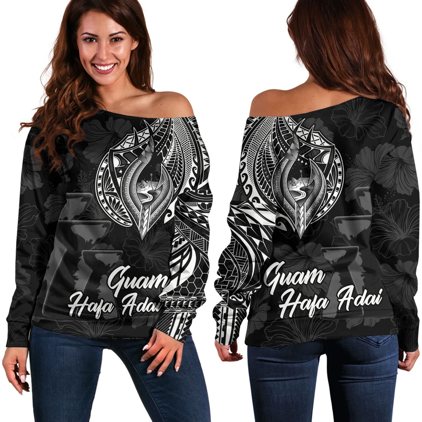 Guam Off Shoulder Sweatshirt Hafa Adai Guam Seal Half Sleeve Tattoo
