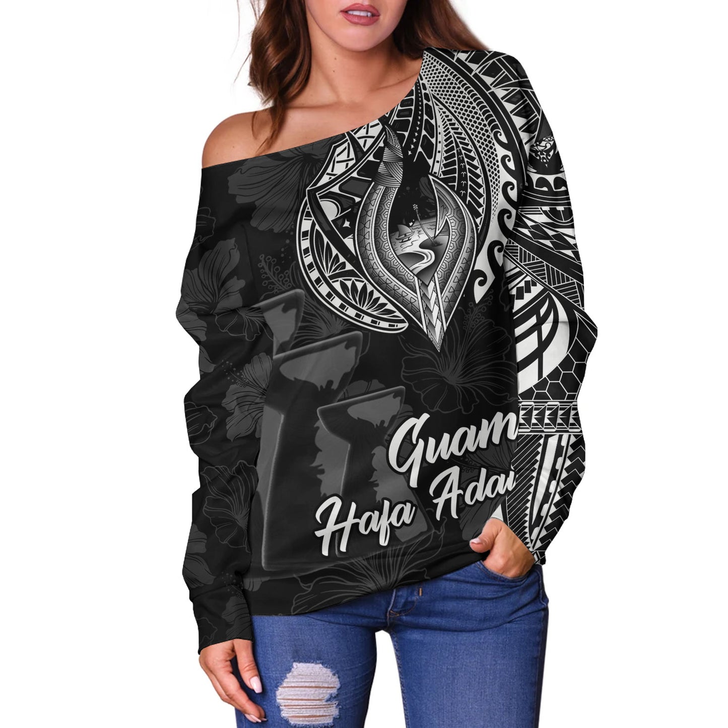 Guam Off Shoulder Sweatshirt Hafa Adai Guam Seal Half Sleeve Tattoo