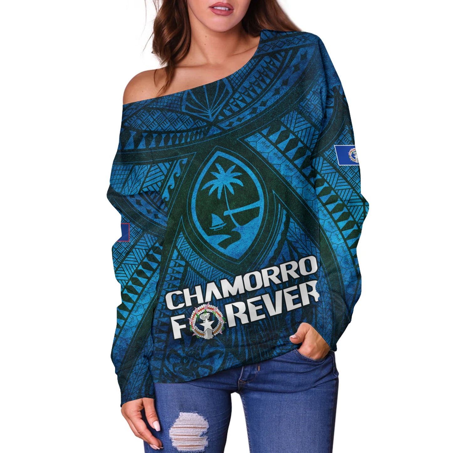Guam Custom Personalised Off Shoulder Sweatshirt Mariana Islands Chamorro Forever Style
