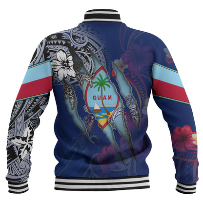 Guam Baseball Jacket Custom Chamorro Blood Inside Me Polynesian Sleeve Tattoo Tropical Blue