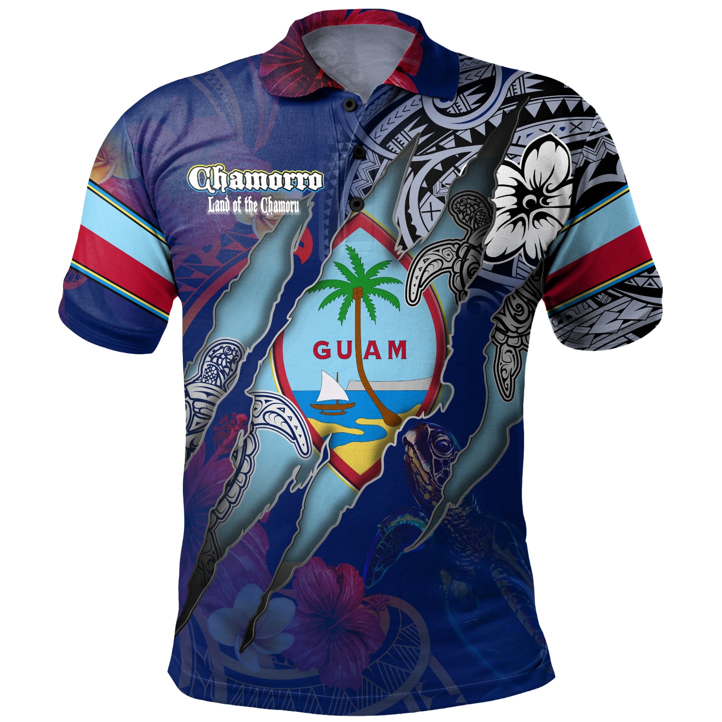 Guam Polo Shirt Custom Chamorro Blood Inside Me Polynesian Sleeve Tattoo Tropical Blue