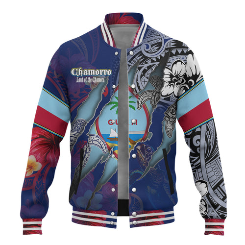 Guam Baseball Jacket Custom Chamorro Blood Inside Me Polynesian Sleeve Tattoo Tropical Blue