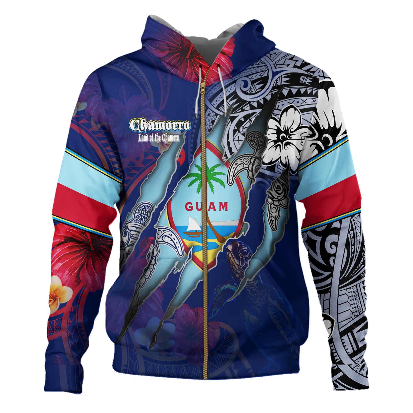 Guam Hoodie Custom Chamorro Blood Inside Me Polynesian Sleeve Tattoo Tropical Blue