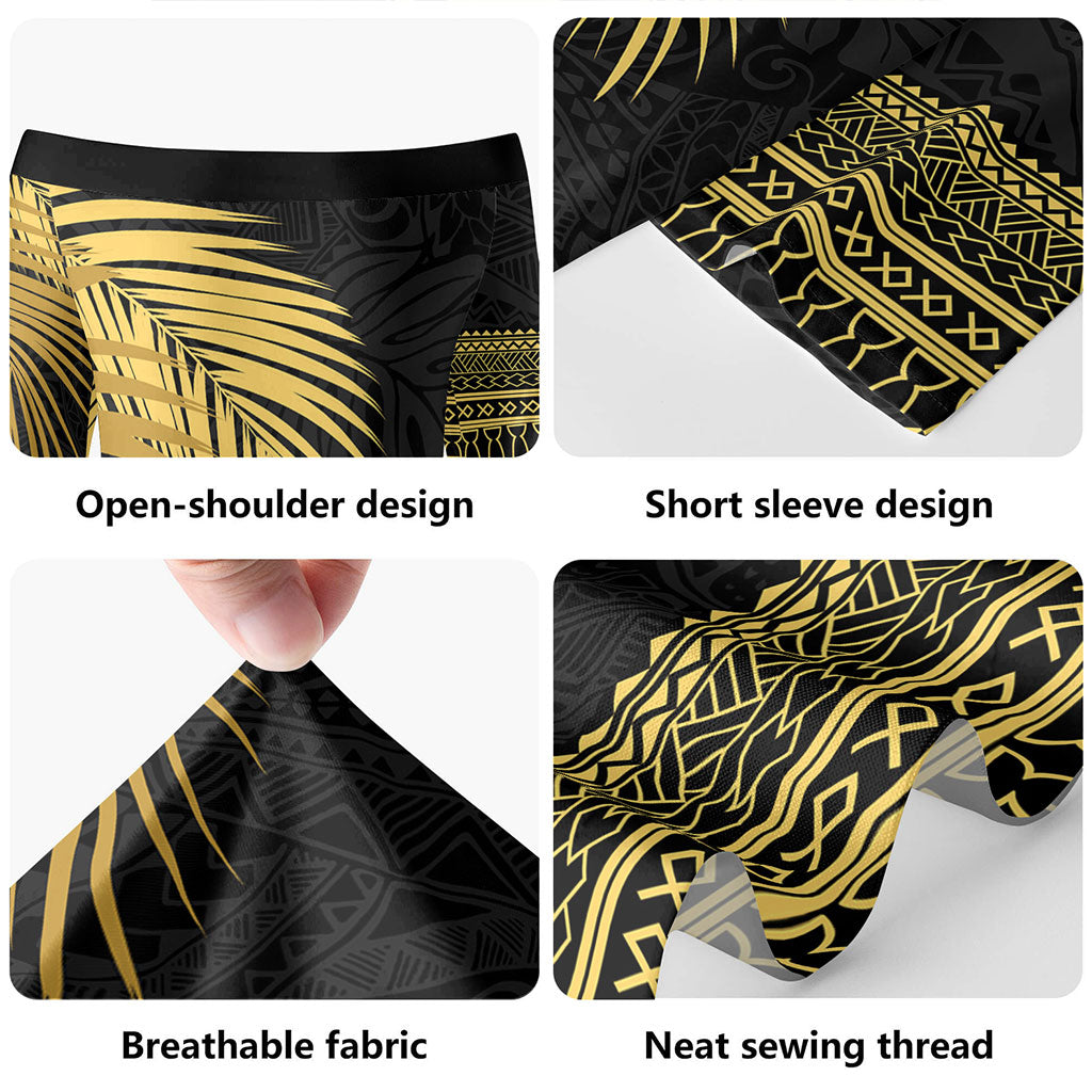 Guam Short Sleeve Off The Shoulder Lady Dress Polynesian Fabric Leaves Gold