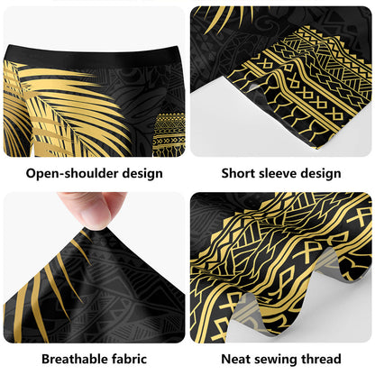 Guam Short Sleeve Off The Shoulder Lady Dress Polynesian Fabric Leaves Gold