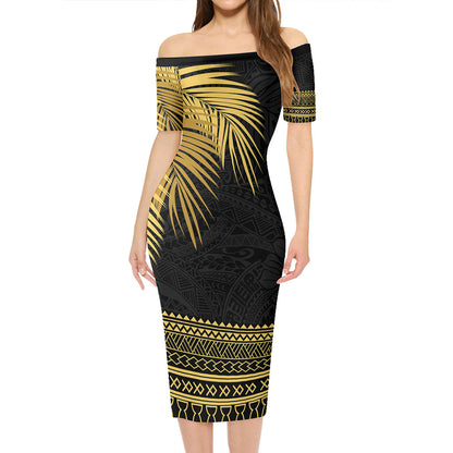 Guam Combo Short Sleeve Dress And Shirt Guam Polynesian Fabric Leaves Gold