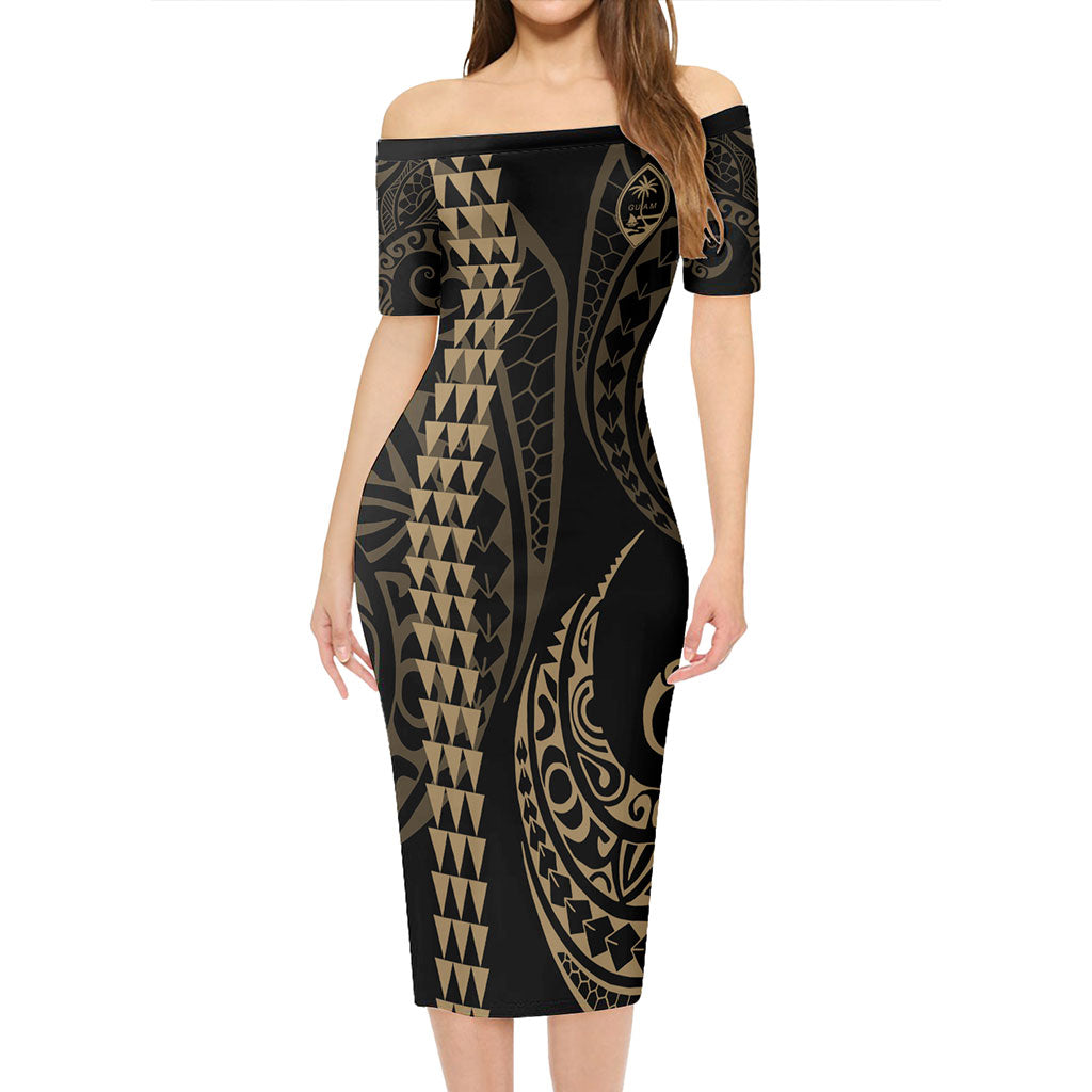 Guam Short Sleeve Off The Shoulder Lady Dress Kakau Style Gold