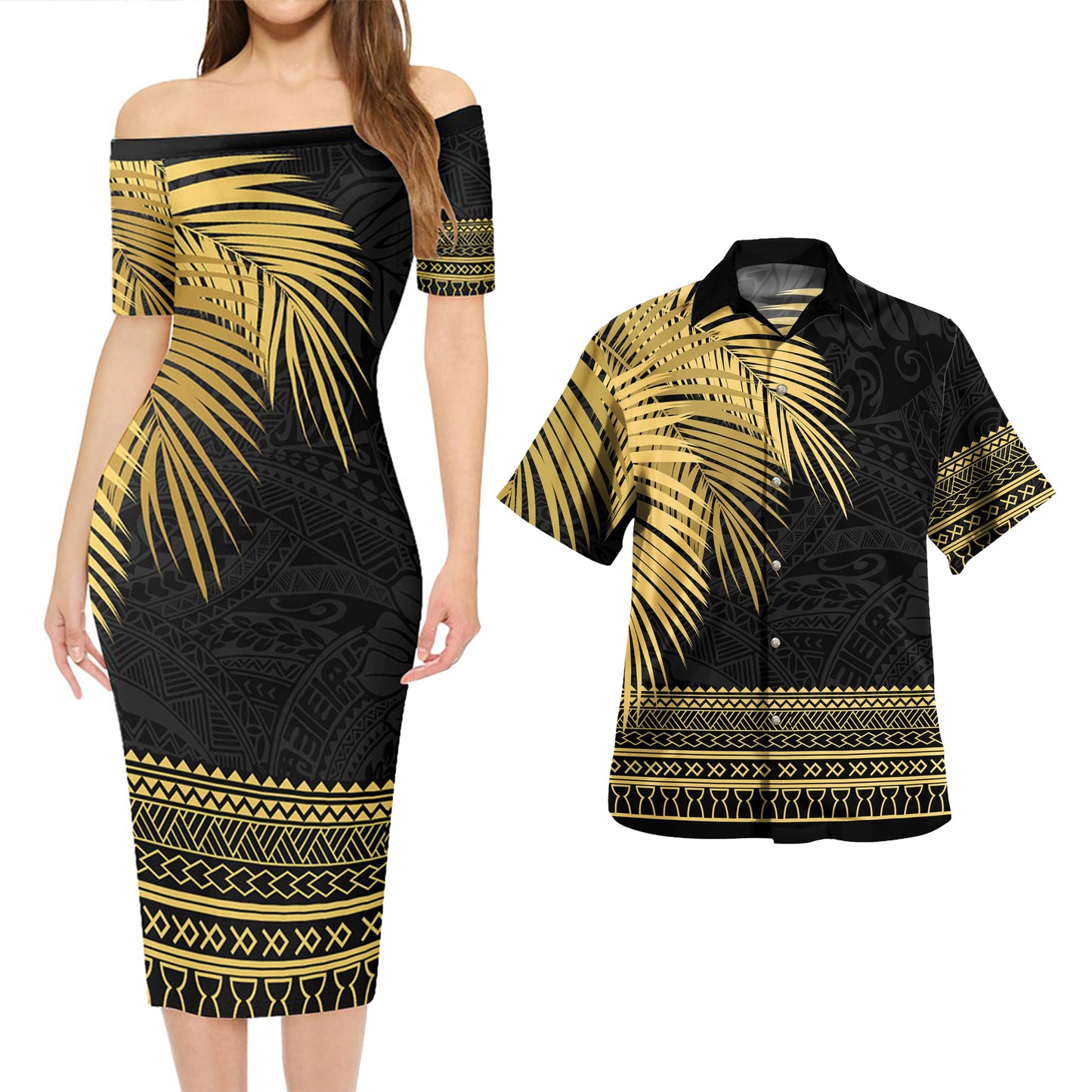 Guam Combo Short Sleeve Dress And Shirt Guam Polynesian Fabric Leaves Gold