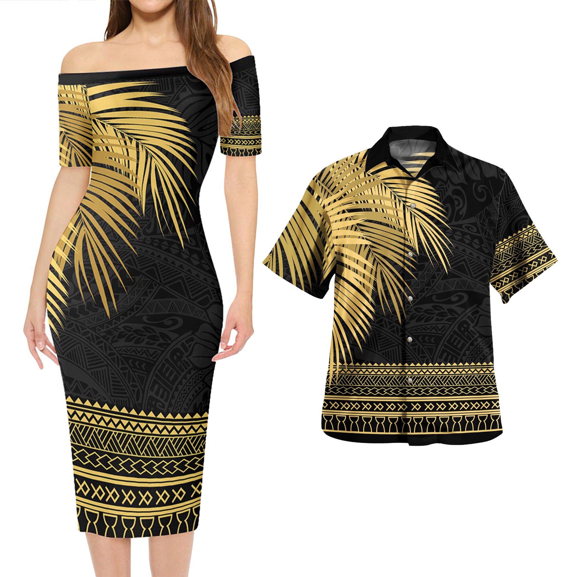 Guam Combo Short Sleeve Dress And Shirt Guam Polynesian Fabric Leaves Gold