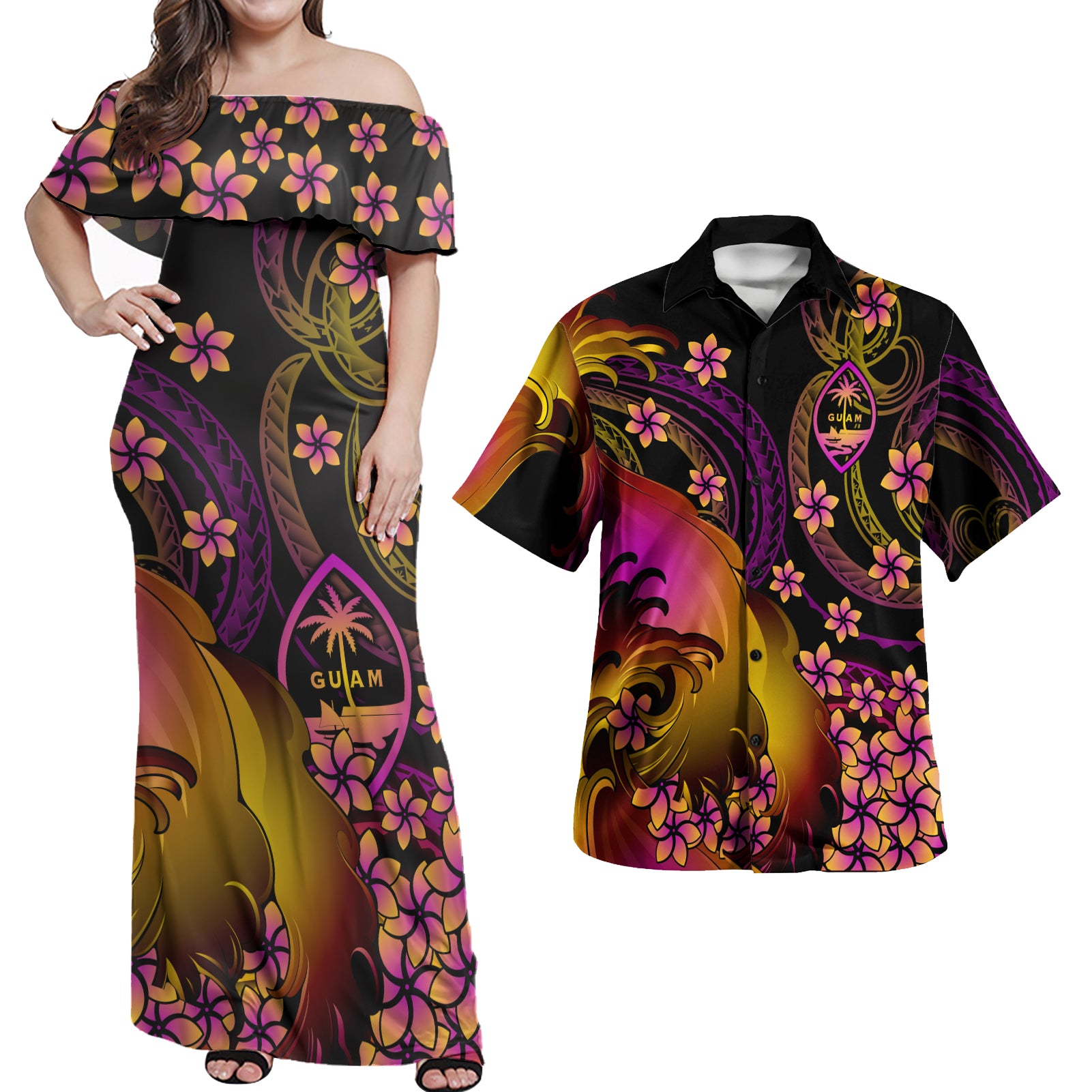 Guam Patterns Guam Polynesian Pattern Combo Dress And Shirt Plumeria In Wave ...