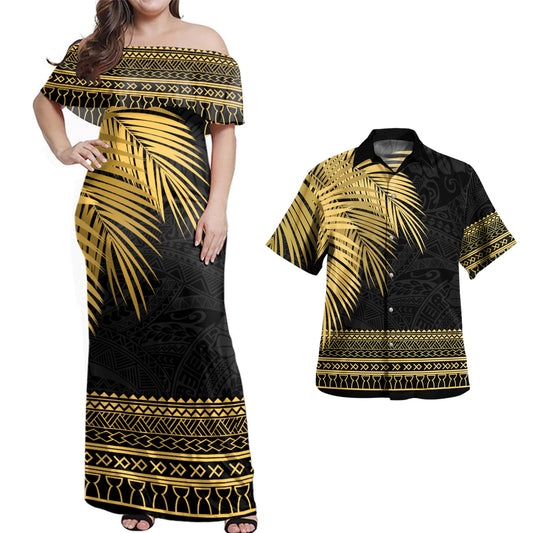 Guam Combo Dress And Shirt Micronesian Fabric Leaves Golden