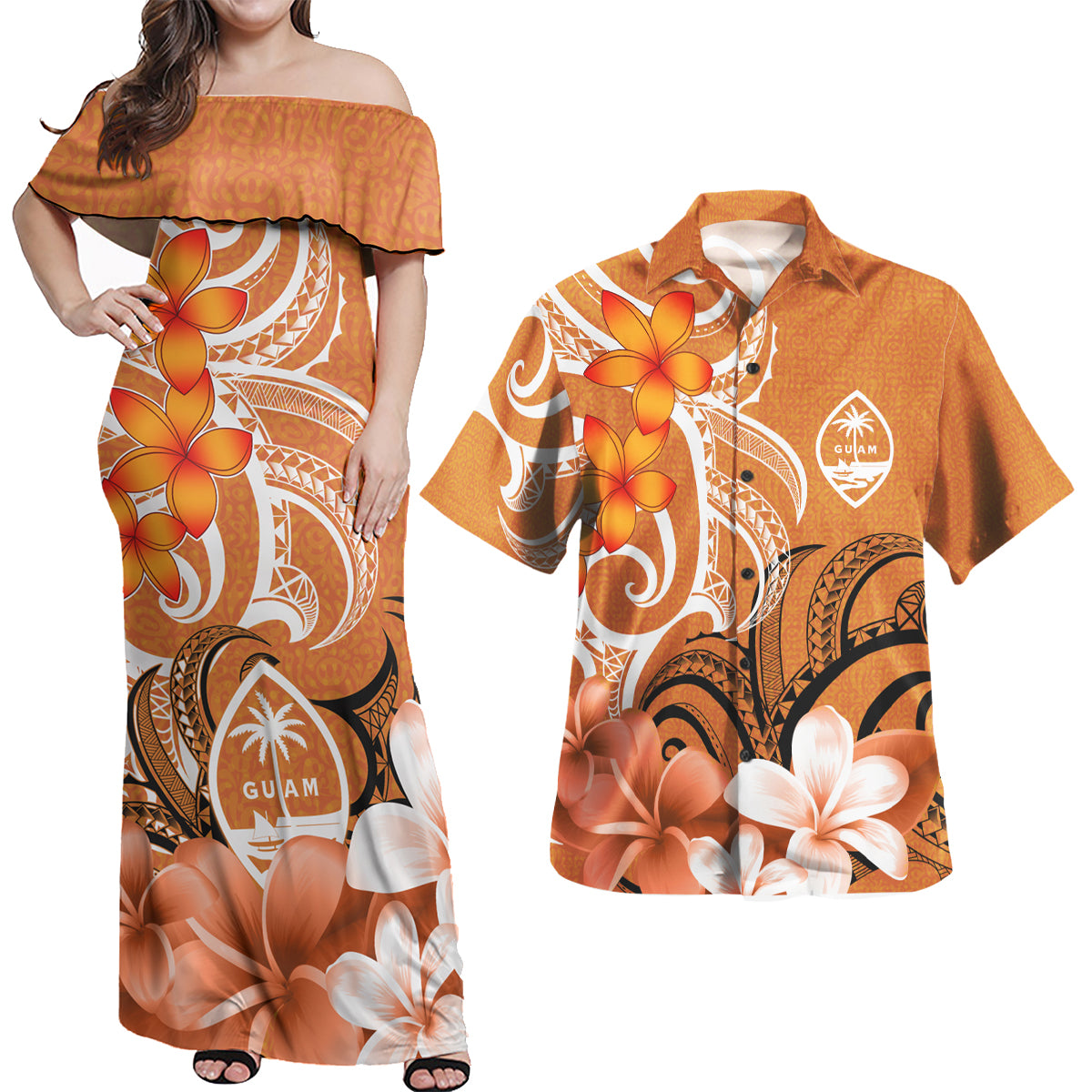 Guam Polynesian Pattern Combo Dress And Shirt - Floral Spirit Orange