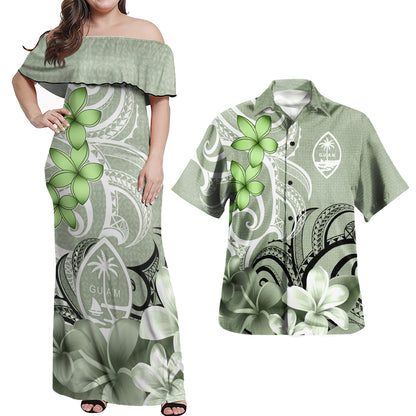Guam Polynesian Pattern Combo Dress And Shirt Floral Spirit Sage Green