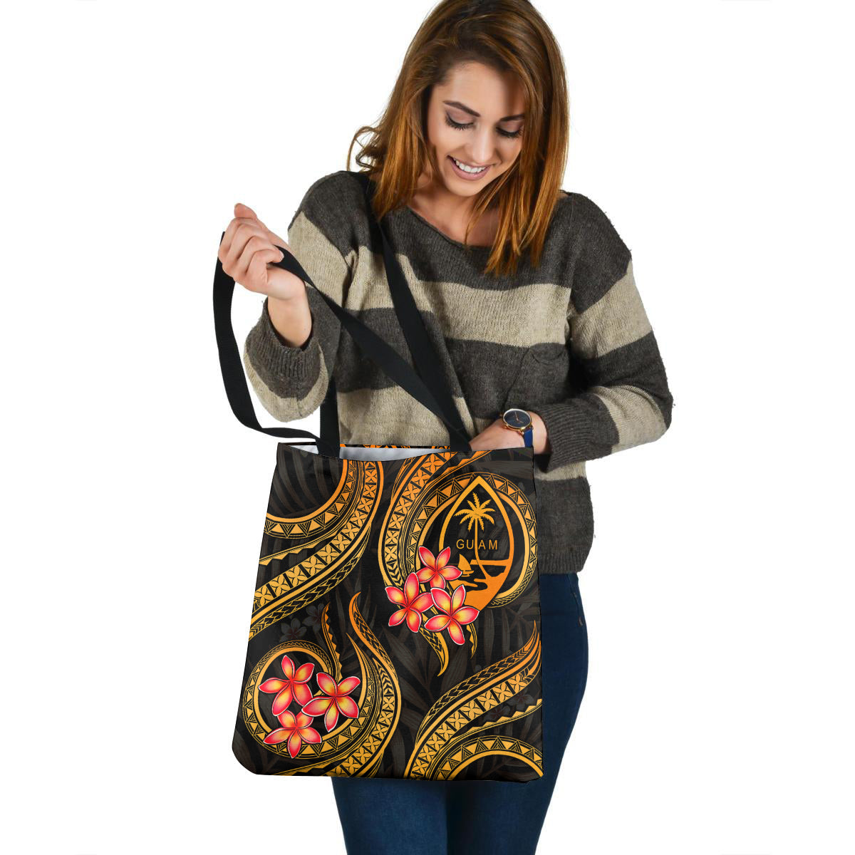 Guam Tote Bag Gold Polynesian Pattern Plumeria