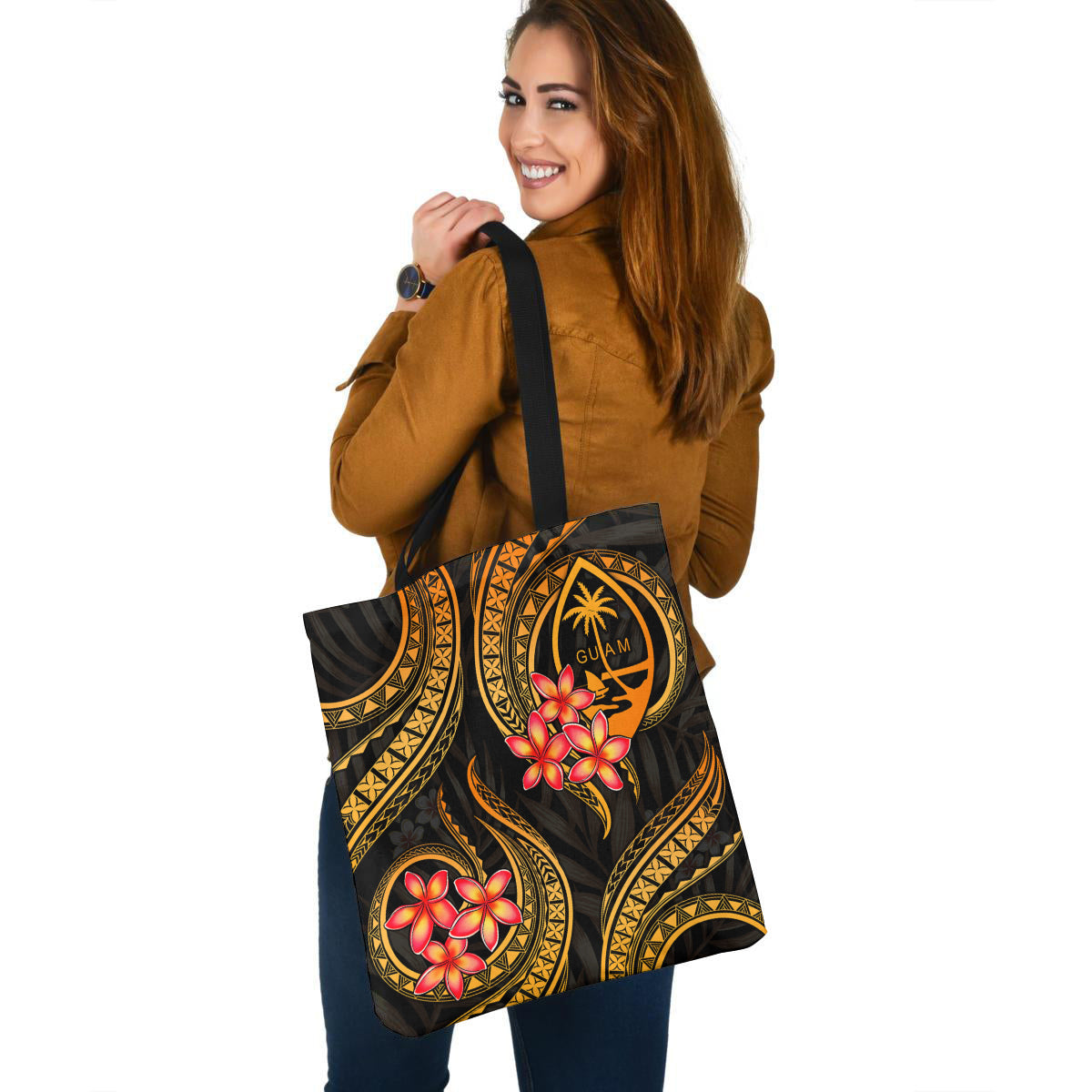 Guam Tote Bag Gold Polynesian Pattern Plumeria