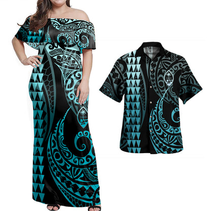 Guam Combo Dress And Shirt Coat Of Arms Kakau Style Turquoise