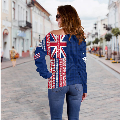 Hawaii Off Shoulder Sweatshirt Aloha Flag With Flower Lie Beautiful