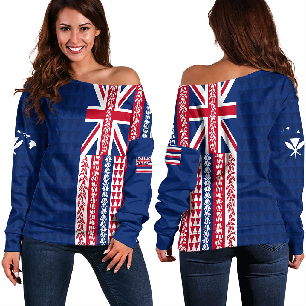 Hawaii Off Shoulder Sweatshirt Aloha Flag With Flower Lie Beautiful