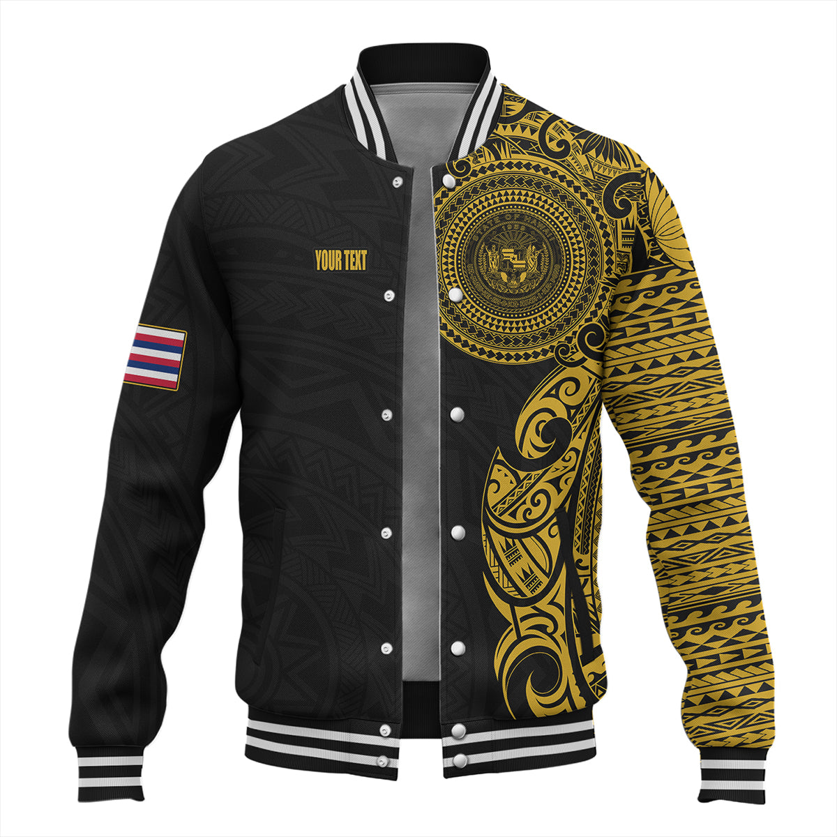 Hawaii Baseball Jacket Custom Polynesian Half Sleeve Gold Tattoo With Seal Black