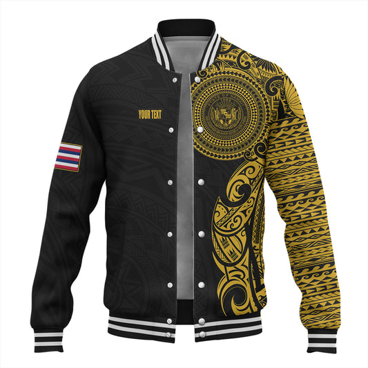 Hawaii Baseball Jacket Custom Polynesian Half Sleeve Gold Tattoo With Seal Black