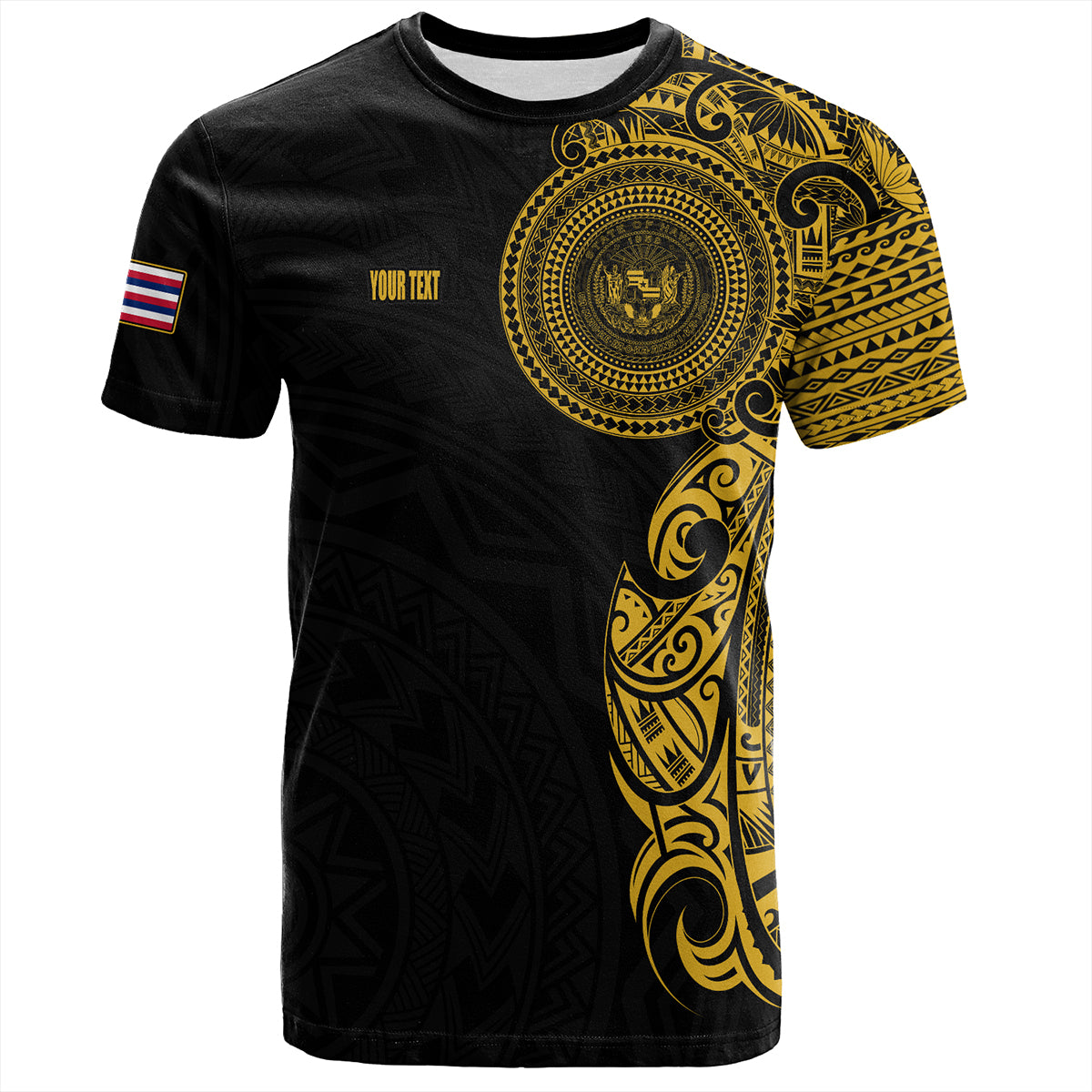 Hawaii T-Shirt Custom Polynesian Half Sleeve Gold Tattoo With Seal Black