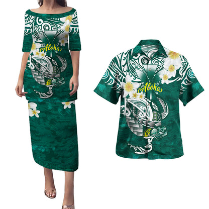 Hawaii Combo Puletasi And Shirt Polynesian Honu With Plumeria Tropical Ocean Wave