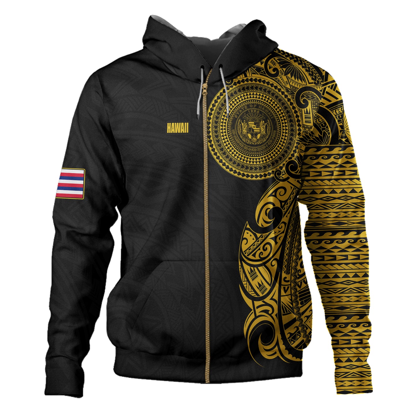Hawaii Hoodie Custom Polynesian Half Sleeve Gold Tattoo With Seal Black