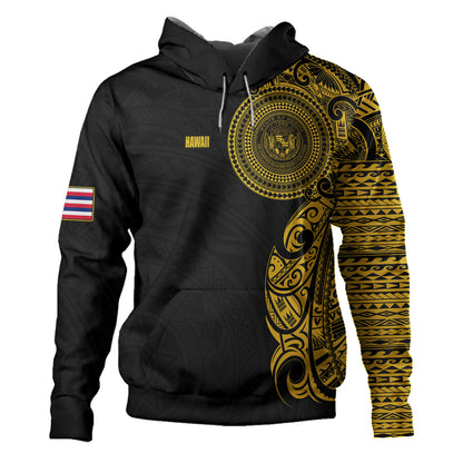 Hawaii Hoodie Custom Polynesian Half Sleeve Gold Tattoo With Seal Black