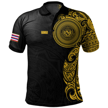 Hawaii Polo Shirt Custom Polynesian Half Sleeve Gold Tattoo With Seal Black