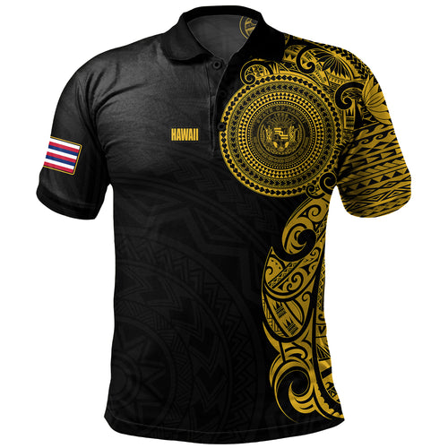 Hawaii Polo Shirt Custom Polynesian Half Sleeve Gold Tattoo With Seal Black