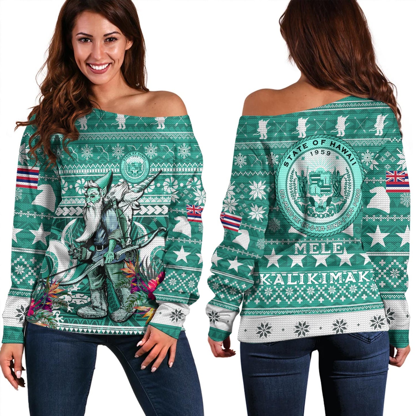 Hawaii Off Shoulder Sweatshirt Custom Ugly Gnome Packing Out a Unicorn Hawaiian Christmas