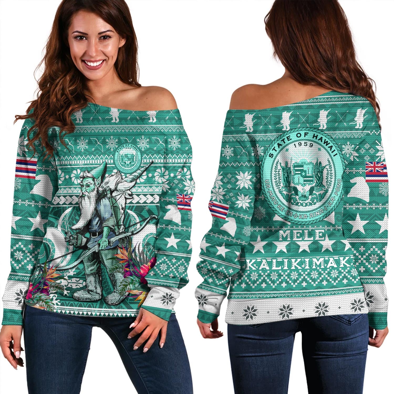 Hawaii Off Shoulder Sweatshirt Custom Ugly Gnome Packing Out a Unicorn Hawaiian Christmas
