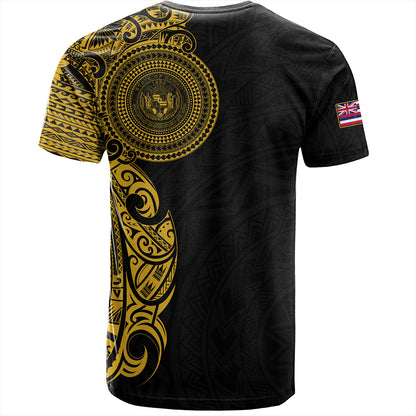 Hawaii T-Shirt Custom Polynesian Half Sleeve Gold Tattoo With Seal Black