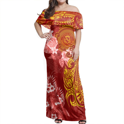 Hawaii Off Shoulder Long Dress Polynesian Tropical Plumeria Tribal Red