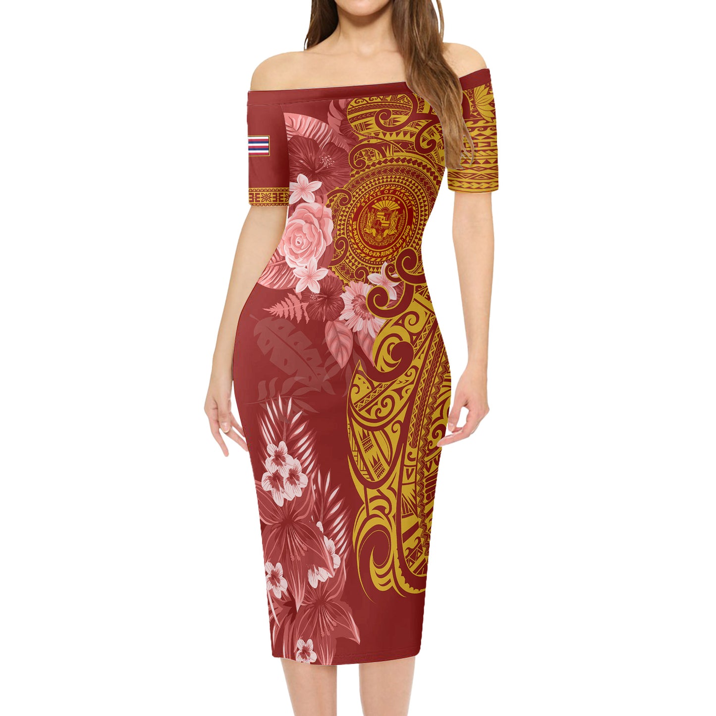 Hawaii Short Sleeve Off The Shoulder Lady Dress Polynesian Tropical Plumeria Tribal Red