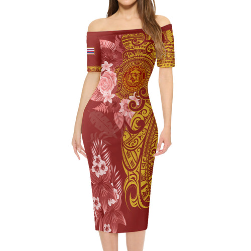 Hawaii Short Sleeve Off The Shoulder Lady Dress Polynesian Tropical Plumeria Tribal Red