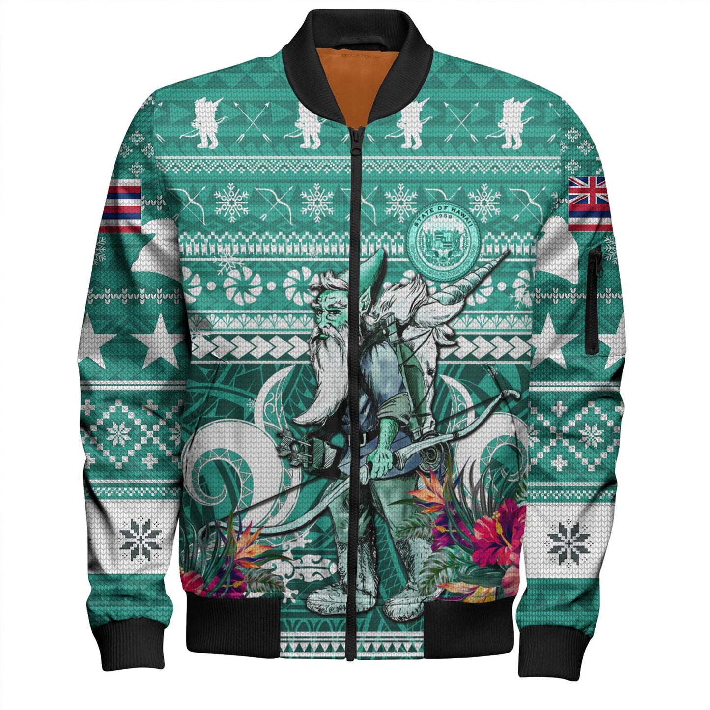 Hawaii Bomber Jacket Custom Ugly Gnome Packing Out a Unicorn Hawaiian Christmas