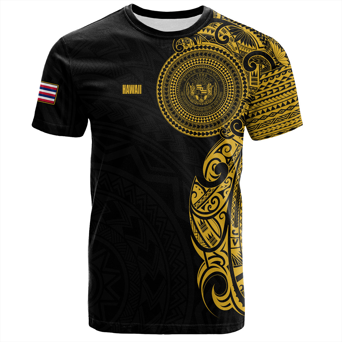 Hawaii T-Shirt Custom Polynesian Half Sleeve Gold Tattoo With Seal Black