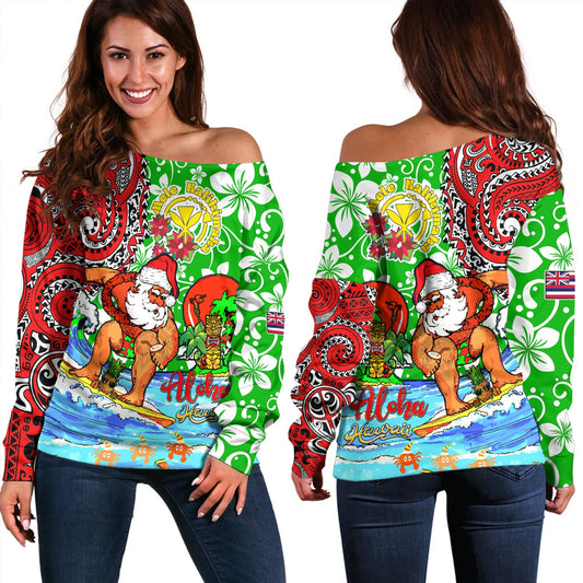 Hawaii Off Shoulder Sweatshirt Mele Kalikimaka & Hauoli Makahiki Hou Hawaiian Tatau Christmas