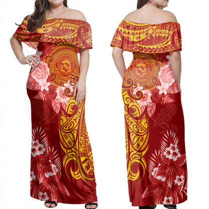Hawaii Off Shoulder Long Dress Polynesian Tropical Plumeria Tribal Red