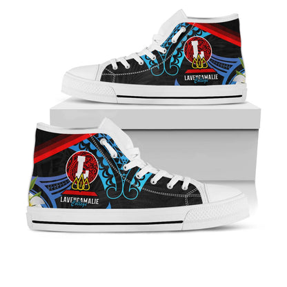 Tonga High Top Shoes - Lavengamalie College with Polynesian Patterns and Plumeria Flower