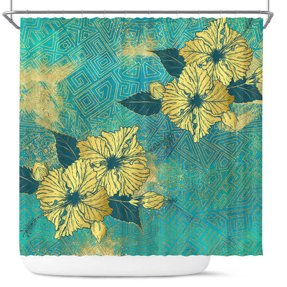 Hawaii Shower Curtain Golden Hibiscus Turquoise Color Tribal Pattern