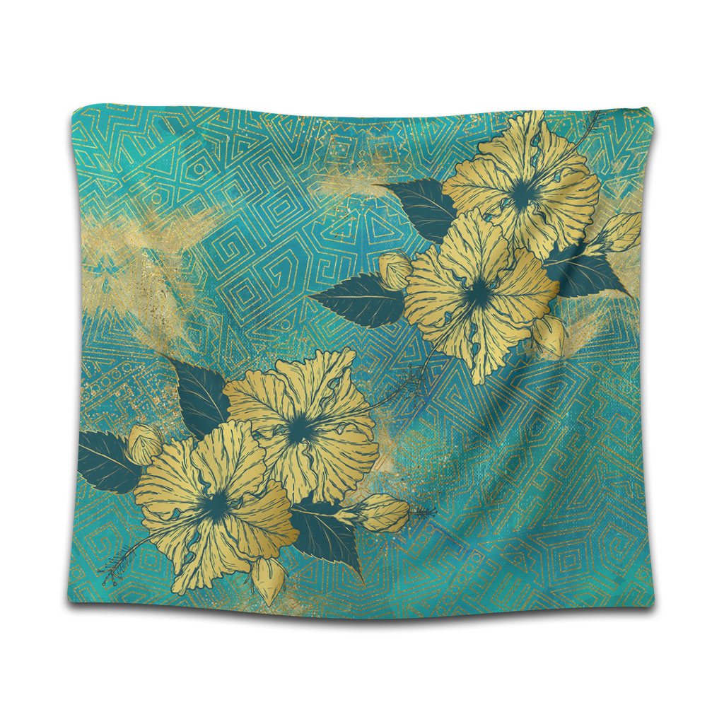 Hawaii Tapestry Golden Hibiscus Turquoise Color Tribal Pattern