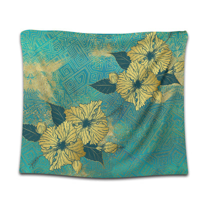 Hawaii Tapestry Golden Hibiscus Turquoise Color Tribal Pattern