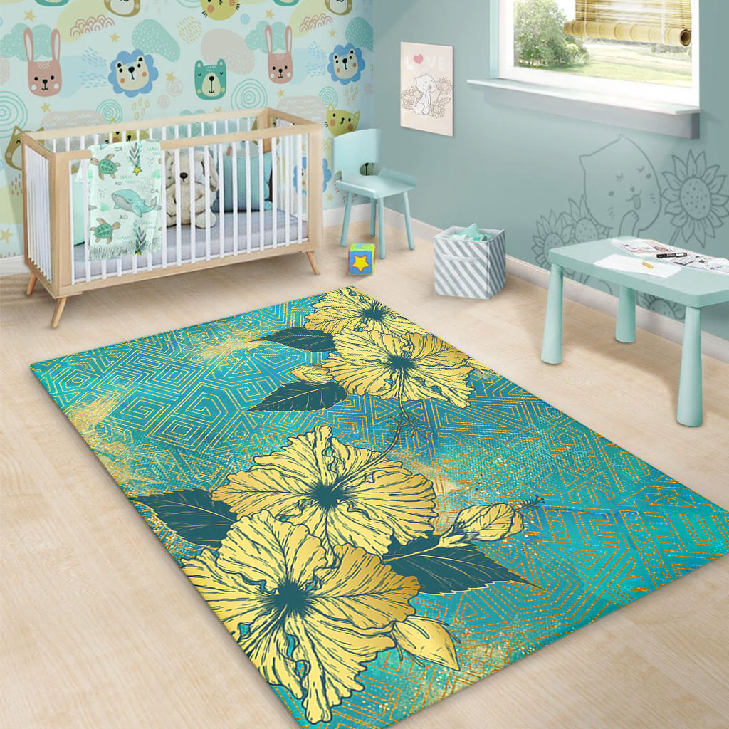 Hawaii Area Rug Golden Hibiscus Turquoise Color Tribal Pattern