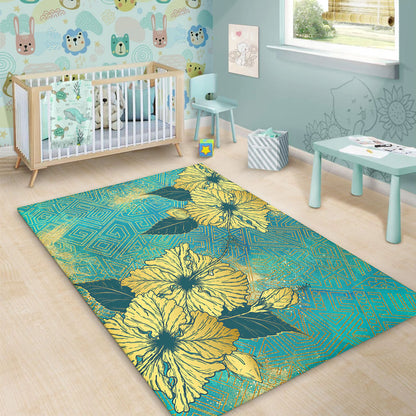 Hawaii Area Rug Golden Hibiscus Turquoise Color Tribal Pattern