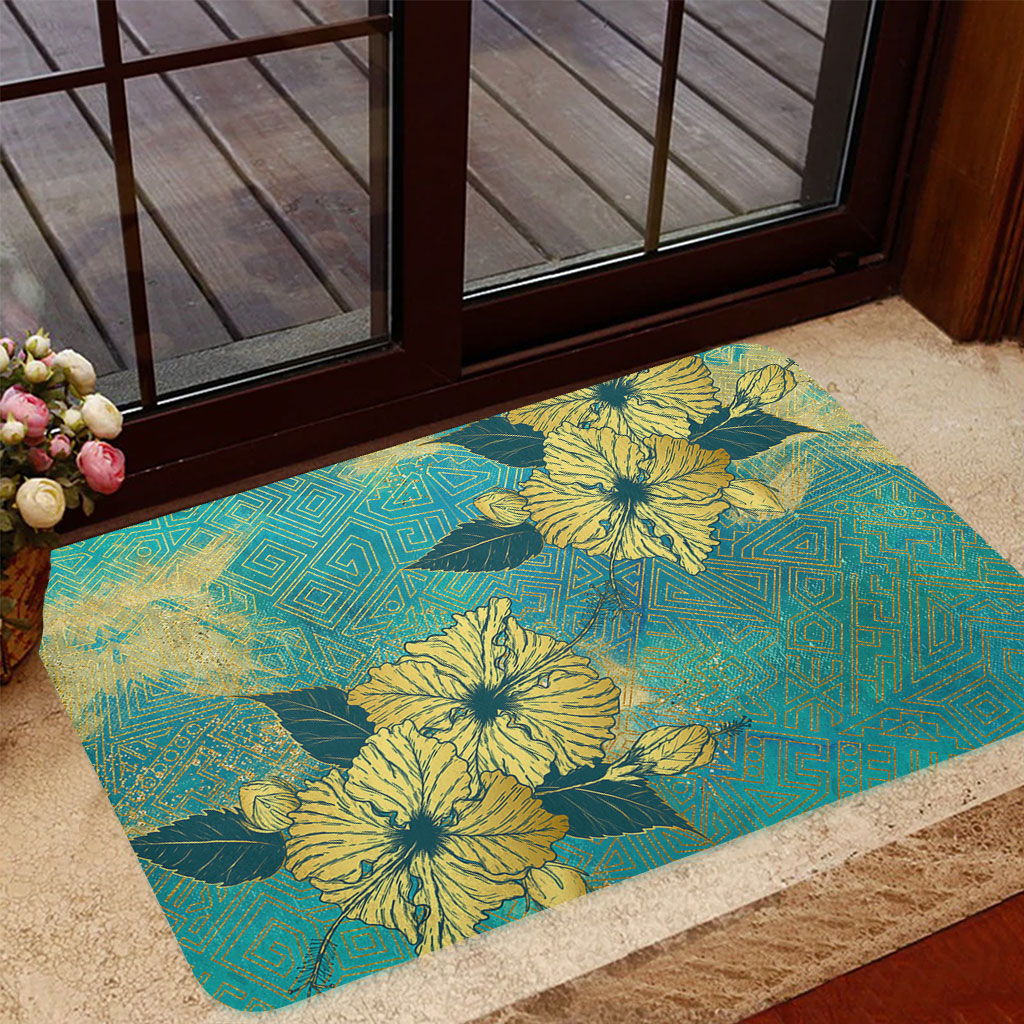 Hawaii Door Mat Golden Hibiscus Turquoise Color Tribal Pattern