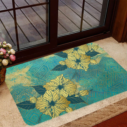 Hawaii Door Mat Golden Hibiscus Turquoise Color Tribal Pattern