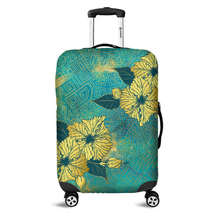 Hawaii Luggage Cover Golden Hibiscus Turquoise Color Tribal Pattern